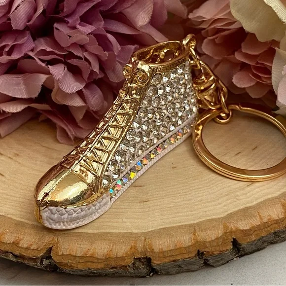 Gold Hightop Sneaker with Silver Crystals Keychain Charm - Picture 8 of 12